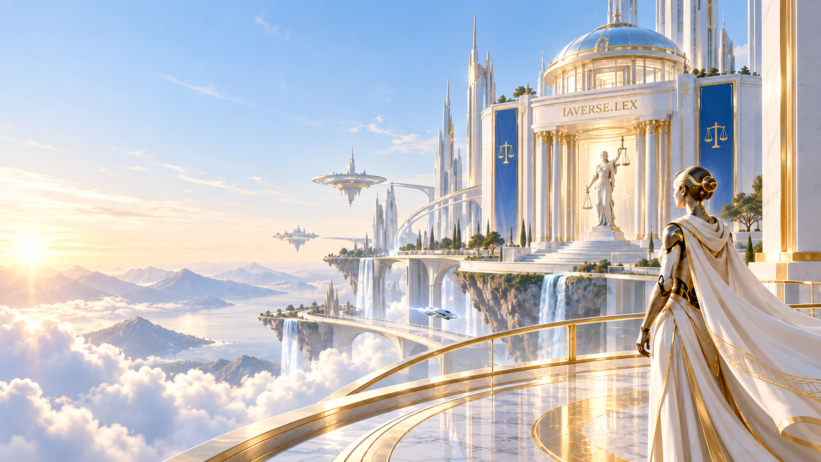 Cidade futurista clara do IAVERSE.LEX entre montanhas e nuvens